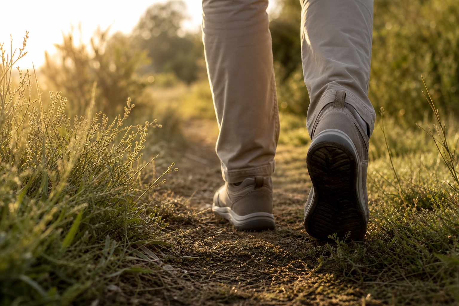 Chaussures de marche avançant sur un sentier naturel éclairé par le soleil du matin