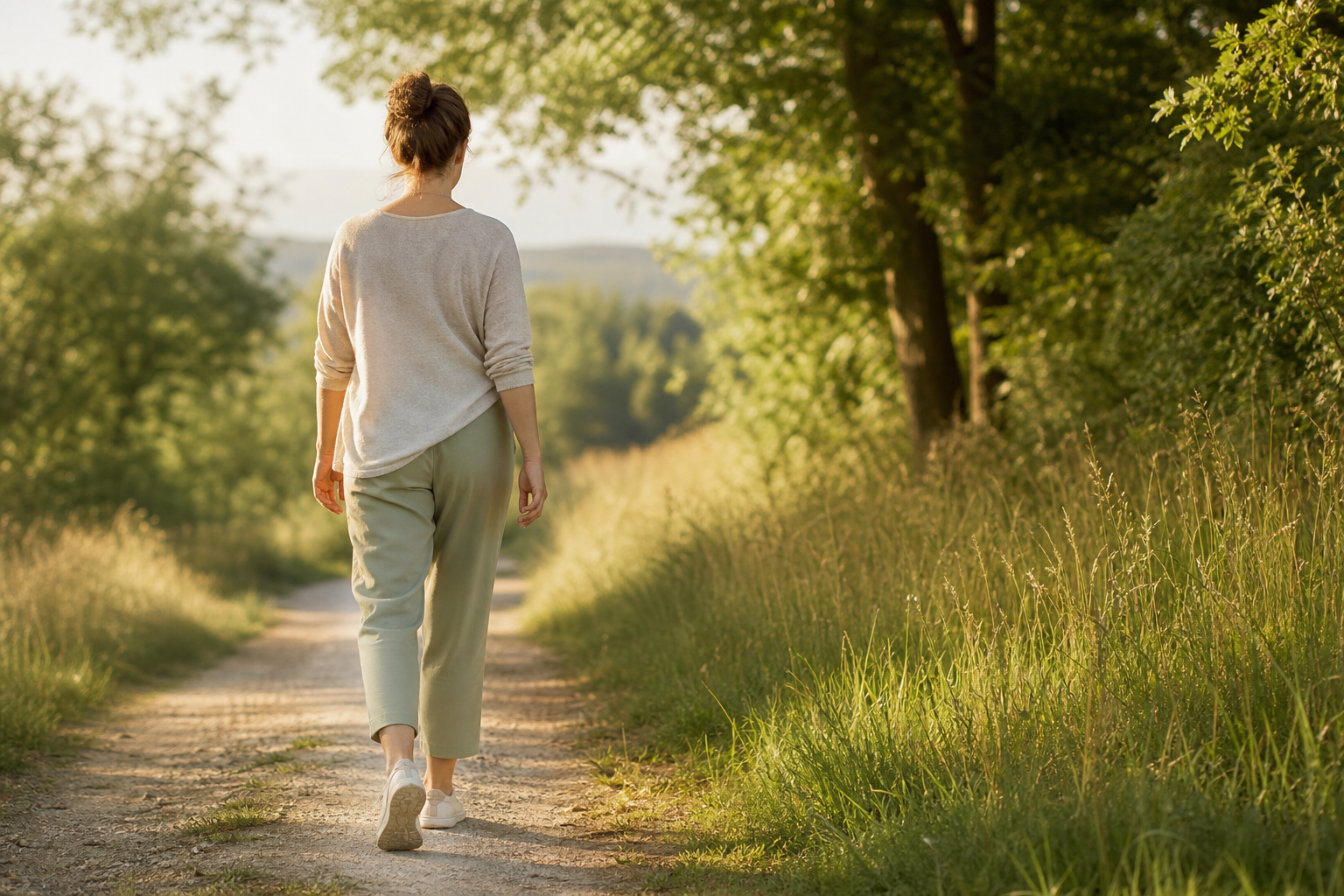 Femme marchant sur un sentier naturel baigné par une lumière chaude du matin
