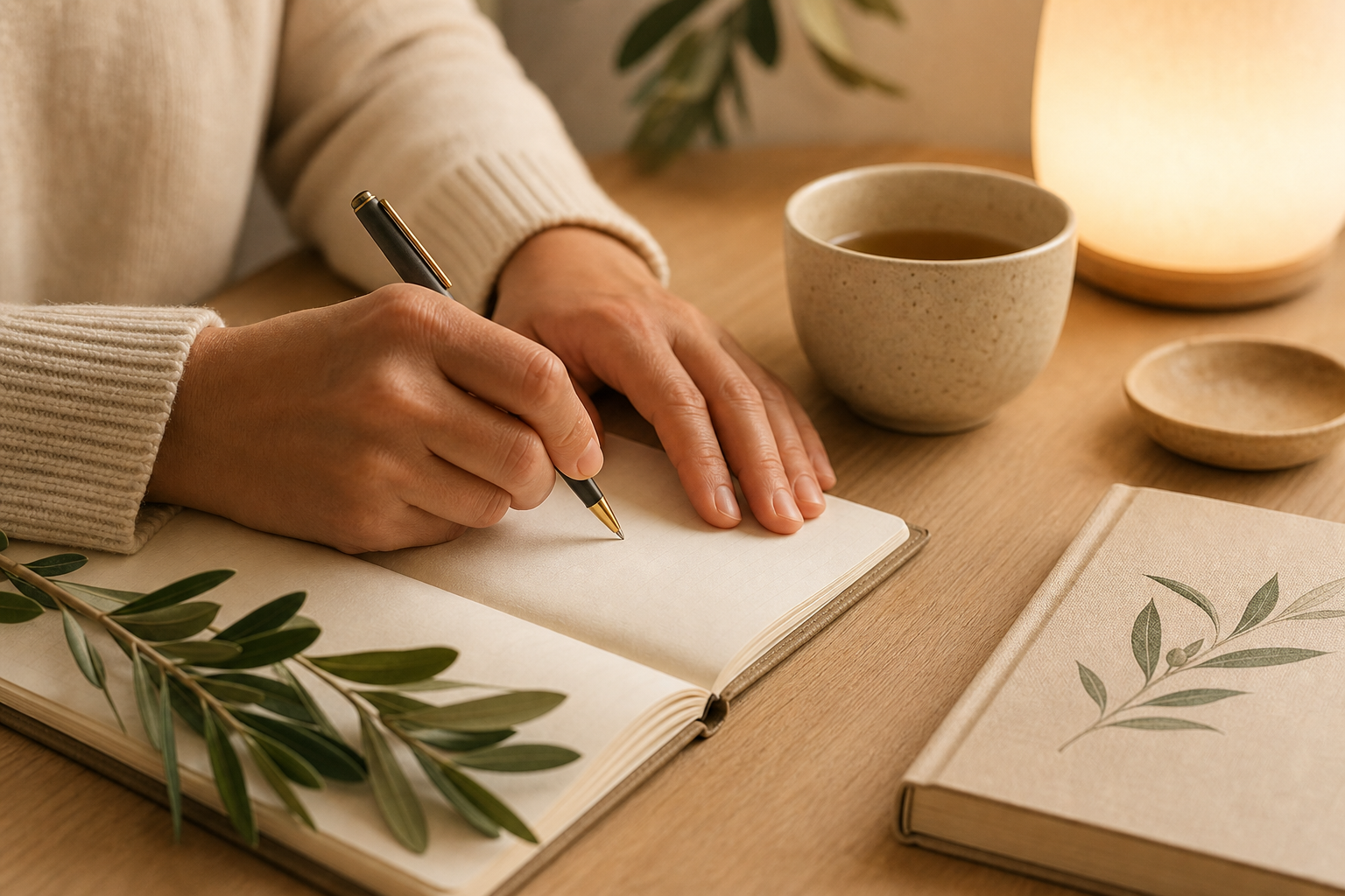 Mains écrivant dans un carnet près d'une tisane et d'une lampe à lumière chaude