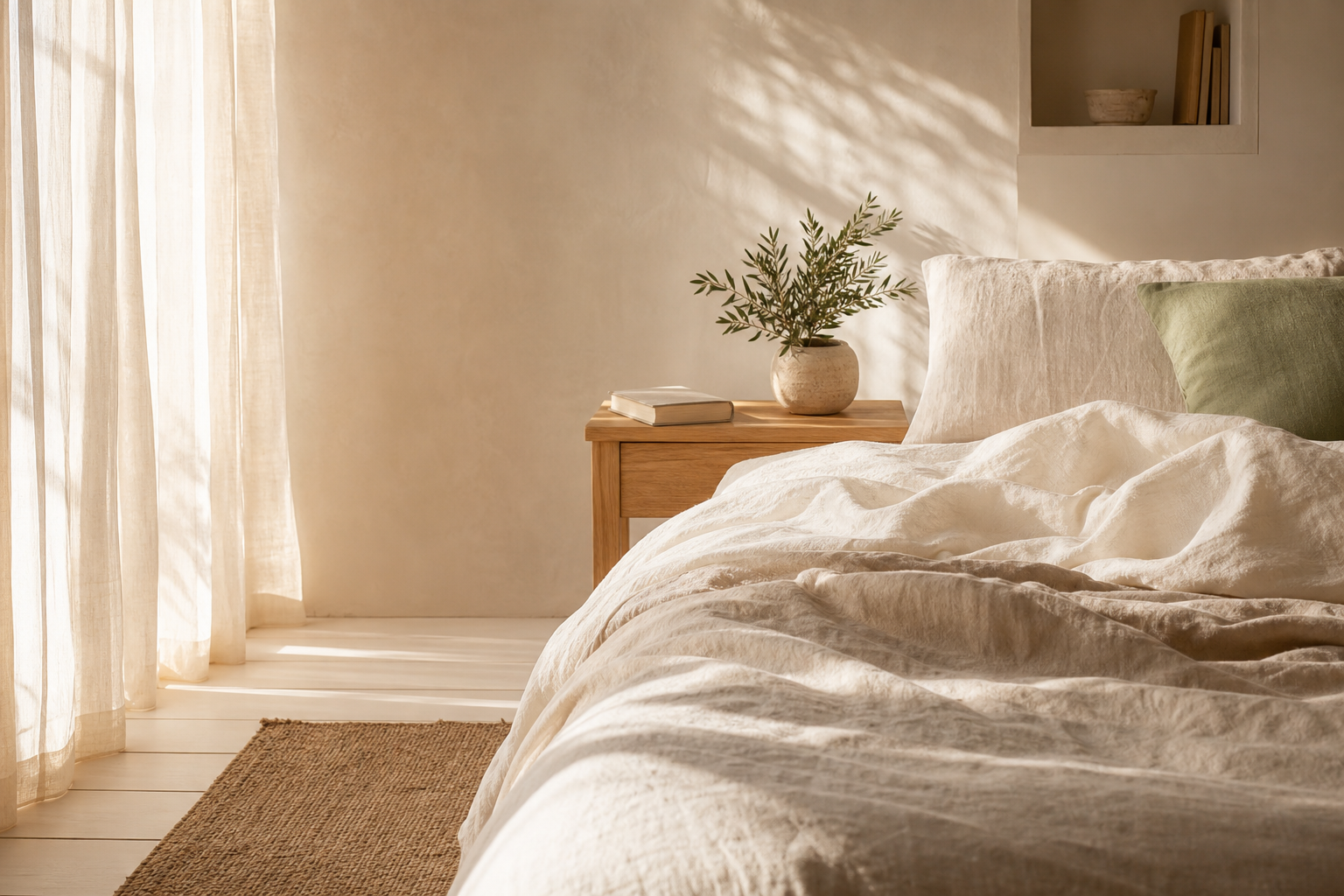Chambre lumineuse et apaisante avec linge de lit en lin, bois clair et plante verte