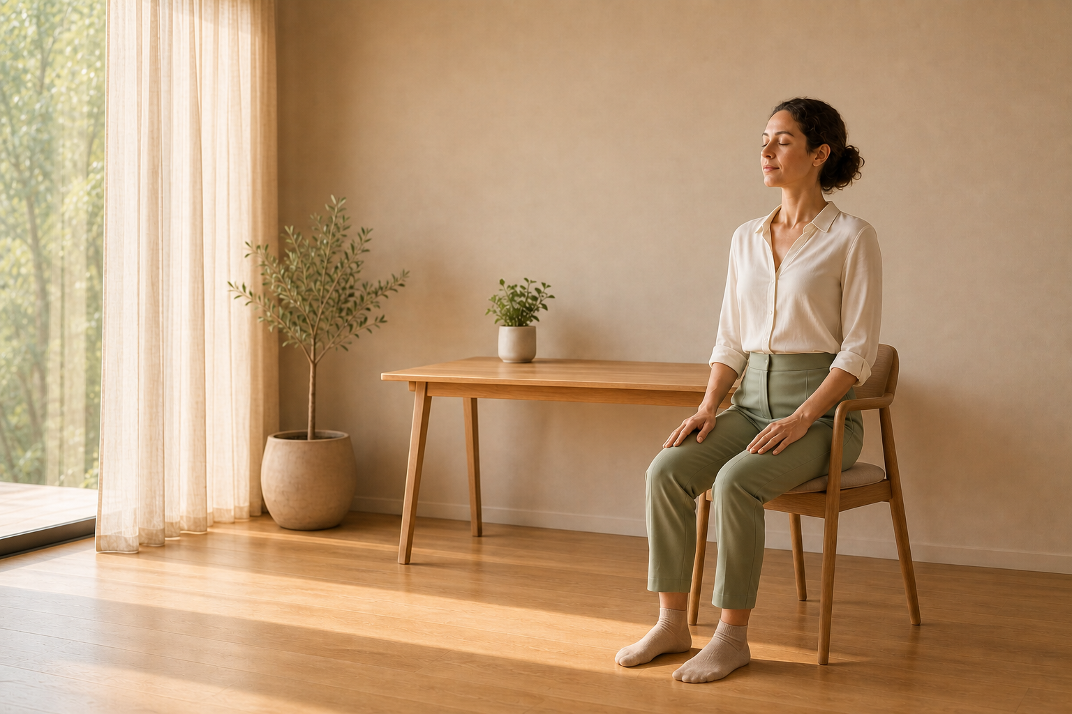 Respiration assise sur une chaise, pieds à plat et mains sur les cuisses