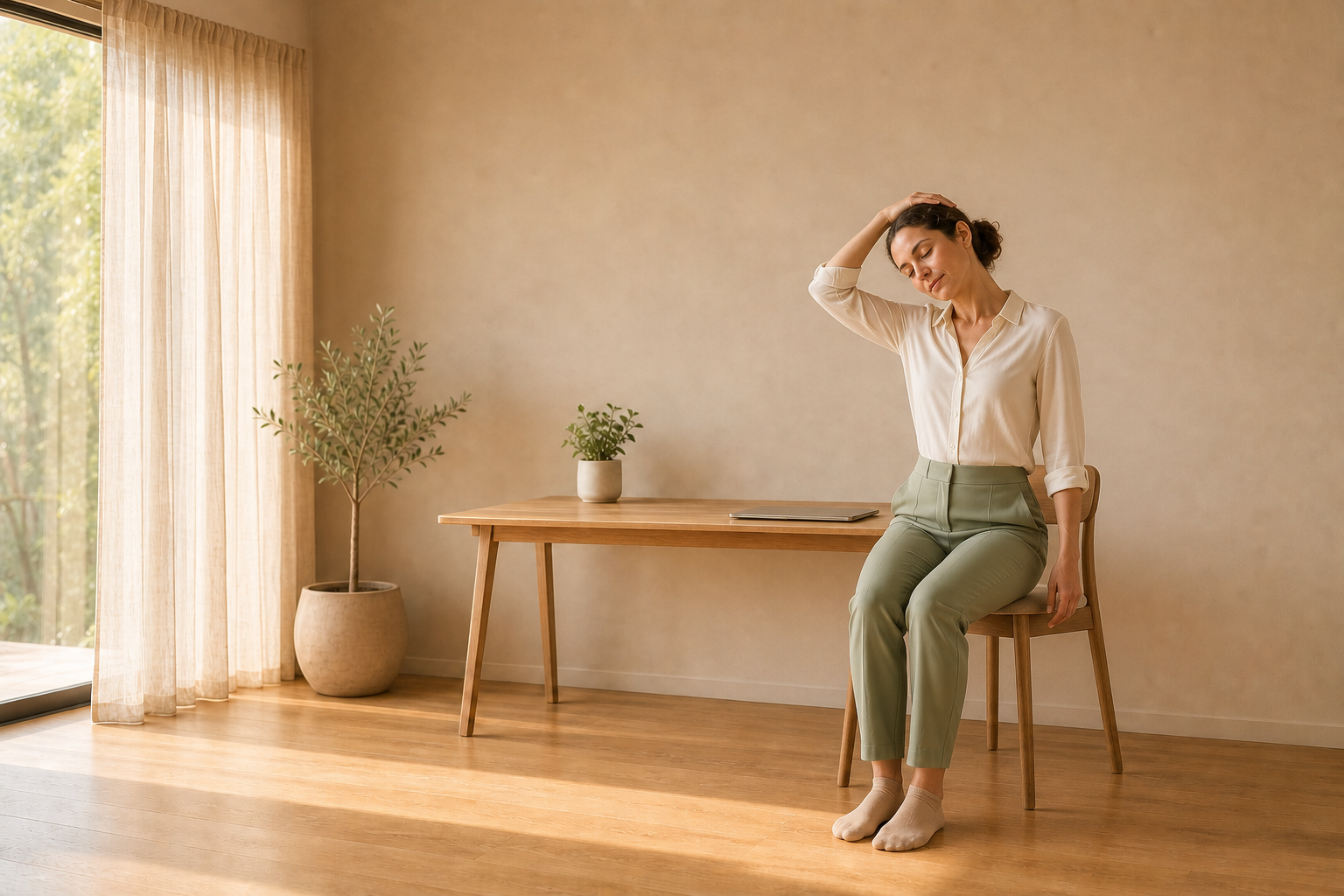 Étirement doux de la nuque en position assise