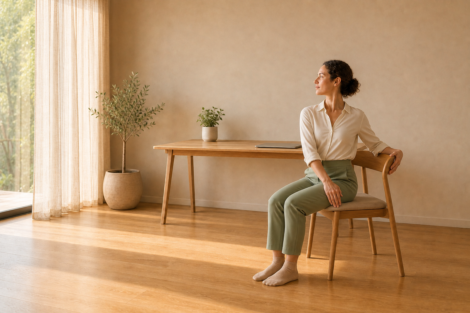 Torsion assise en tenant doucement le dossier de la chaise