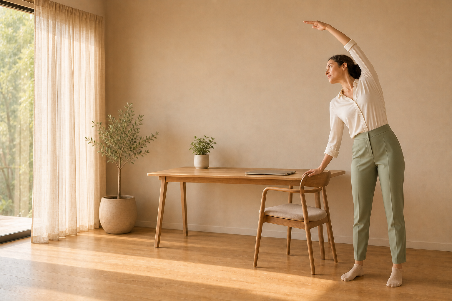 Étirement latéral debout avec une main posée sur le dossier de la chaise