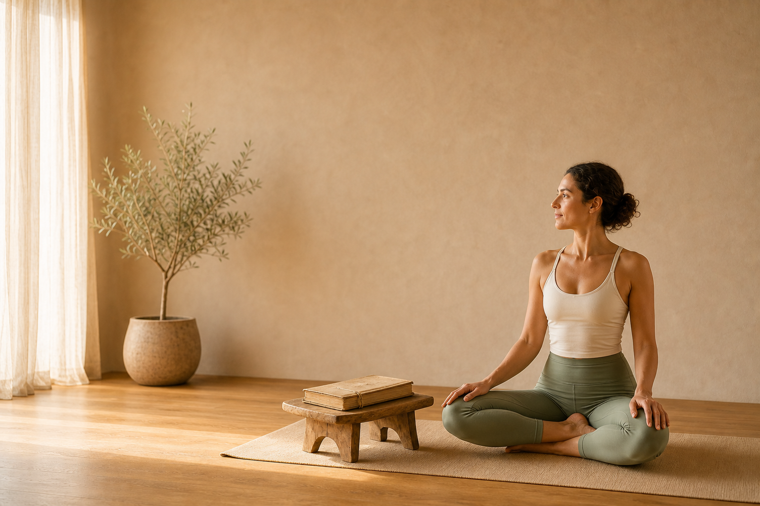 Une pratiquante assise près d’un manuscrit ancien dans un studio de yoga chaleureux
